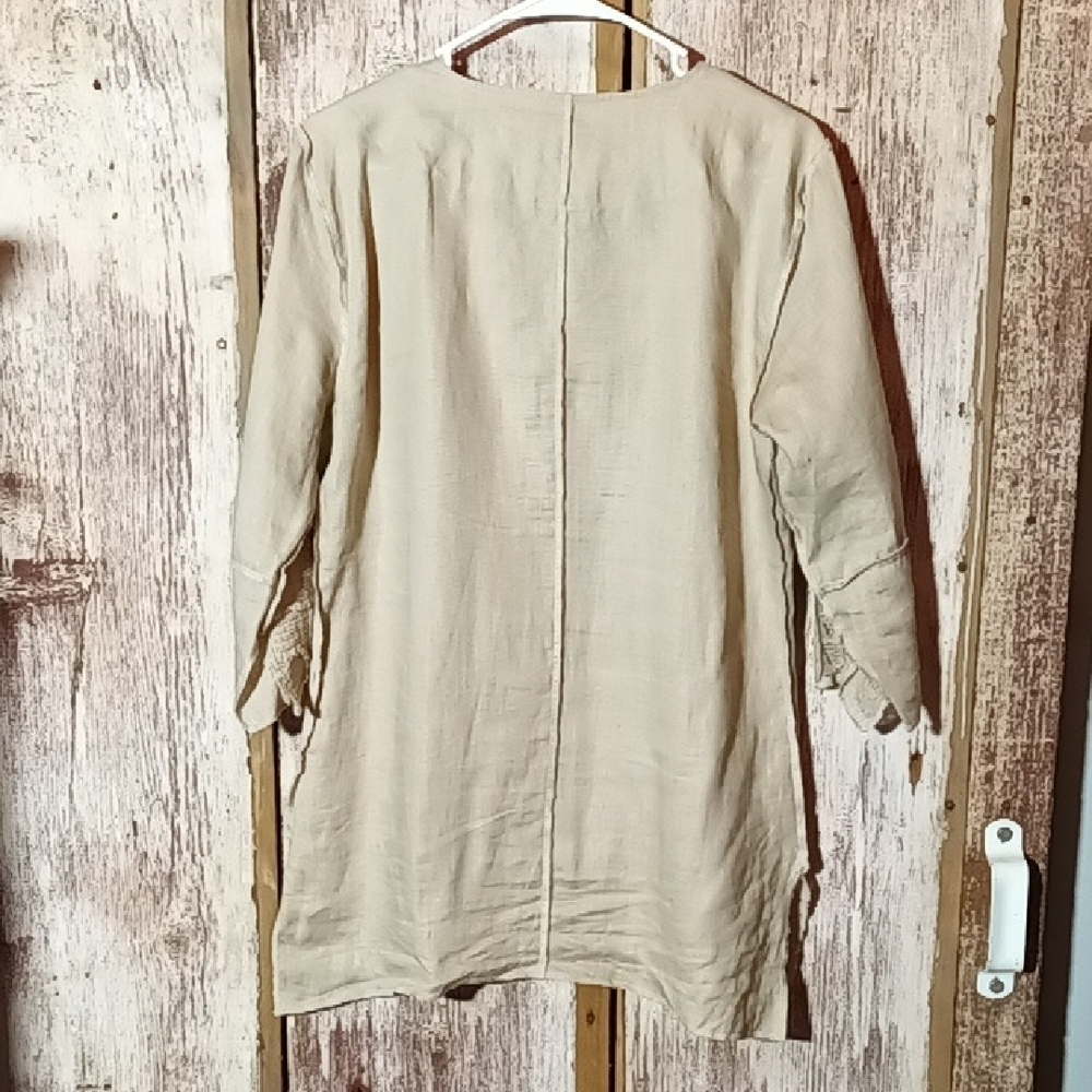 Multiples Linen Tan 3/4 Sleeve  Boxy Tunic With Decorative Panels Small - Picture 7 of 10